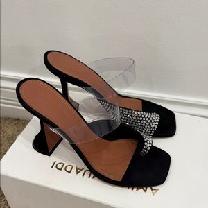 Amina Muaddi Paloma Crystal PVC Sandals Black Suede Rhinestone Heels EU 38
